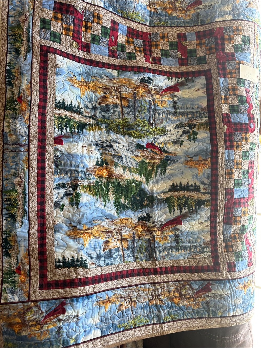 Scenic Forest Quilted Throw in Blue, Red & Green - handmade